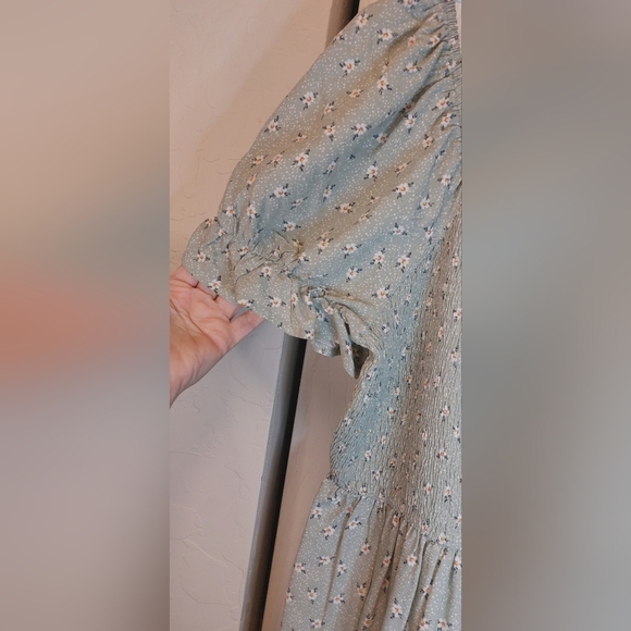 AUW Fit & Flare Green Floral Peasant Babydoll Dress Size 1X Rouching Ruffle Boho - Picture 3 of 11